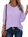 KISSMODA Womens Light Purple Blouses Dressy Casual Ladies Long Lantern Sleeves with Elastic Ruffle Cuffs Fashionable Design Curved Hem Round Neck T-Shirt Classy Casual Blouse L