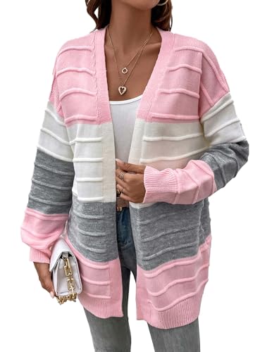 Womens Oversized Cute Color Block Striped Long Cardigan Spring Trendy Chunky Ribbed Knit Open Front Sweater 2025