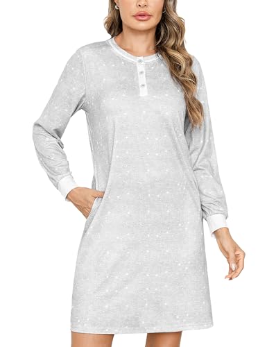 Jahetuul Camisones Mujer Algodon Camisón Mujer Dormir con Botones Delanteros Camisones de Mujer con Bolsillo Camisón de Mujer con Estampado de Estrellas Camison Algodon Mujer S-XXL