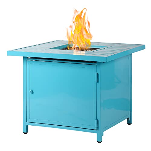 Image of Oakland Living Square 32 in. x 32 in. Aluminum Propane Fire Pit Table with Glass Beads, Two Covers, Lid, 37,000 BTUs in Blue Finish