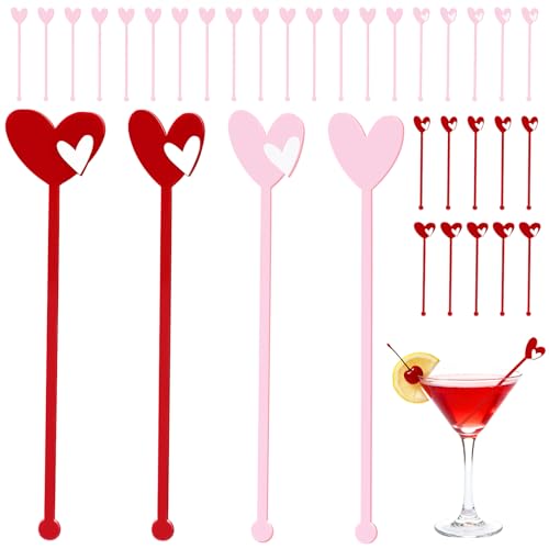 30 Pcs Heart Shape Drink Stirrers, Acrylic Coffee Cocktail Stick Swizzle Sticks for Bachelorette Party Coquette Birthday Girly Ribbon Party Wedding Girls Bridal Decoration(Pink and Red, 4 Styles)