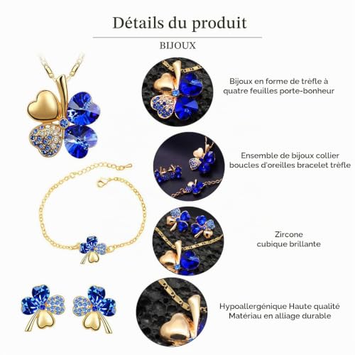 Auriselle Femme Ensemble de Bijoux Heureux Trèfle à Quatre Feuilles Strass Boucles D'oreilles Collier Bracelet 3 Pièces Bijoux Femmes avec Zirconium Cubique Cadeaux de Mariage pour Dames, Bleu – vue 5