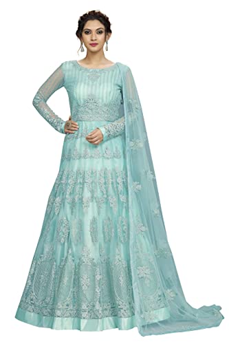 TRENDMALLS Women's Net Embroidery Anarkali Suit Set Stitched Ready to Wear (UKTM.G90-SkyBlue-XL)