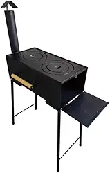 Fogão a Lenha Artesanal, Preto, 2 Bocas com Tampa, Base em Metal, 57cm Altura, Placa Superior 48x24cm, para Cozinha e Aquecimento