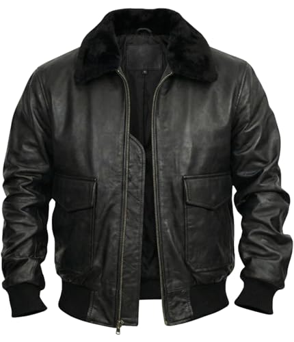 Image of Mens A2 Aviator Cockpit Bomber Leather Jacket - Distressed Pilot Jackets - G1 Fur Collar Flight Leather Jacket