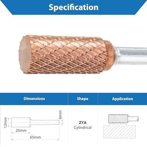 Hartmetall-Frässtifte mit Beschichtung ULTRA Co, 12 mm (metrisch) Durchmesser mit 6 mm metrischem Schaft, (speziell mit Chipbreaker) TJR… (Zylinder)