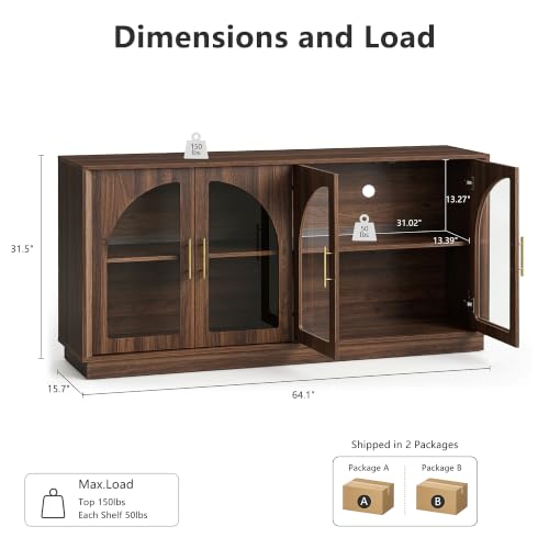 Image of FORTUNETEC 64 inch Sideboard Buffet Cabinet with Arched Glass Doors,Dark Walnut