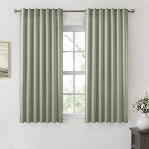 Image of ANRODUO Sage Green Back Tab Blackout Curtains 45 Inch Long 2 Panels | Rod Pocket,Thermal Insulated Room Darkening Light Blocking Curtains for Living Room Bedroom Privacy,W42xL45