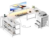 ODK U Shaped Desk with Power Outlets & LED Strip & Monitor Stand, 66' Reversible L Shaped Desk with Drawers and Storage Shelf, Home Office Gaming Desk, All White