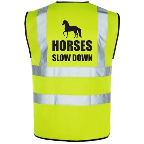 Image of Equestrian HORSES SLOW DOWN Hi Viz Vis Vest Horse Riding Reflective Waistcoat Jacket Road Safety Visibility Yellow Medium