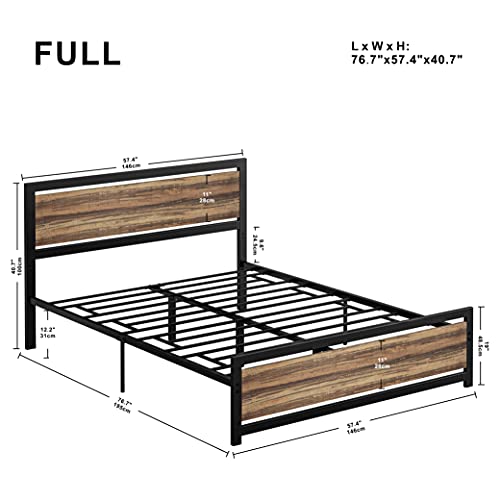image for LIKIMIO Full Bed Frame with Rustic Brown Headboard and Footboard, Heav