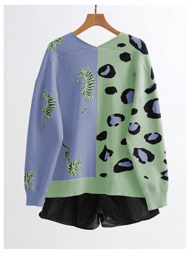 Image of WDIRARA Women's Leopard Tiger Print Cardigan V Neck Long Sleeve Color Block Button Down Sweater Outwear