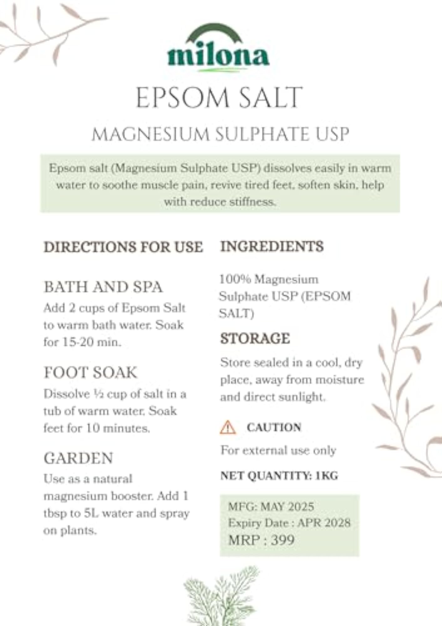 Epsom Salt for Foot Soak and Bath, 900g
