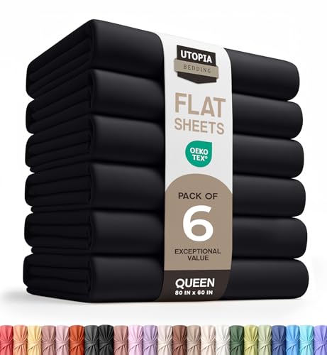 Utopia Bedding Flat Sheets - Pack of 6 - Soft Brushed Microfiber Fabric - Shrinkage & Fade Resistant Top Sheets - Easy Care (Queen Black)