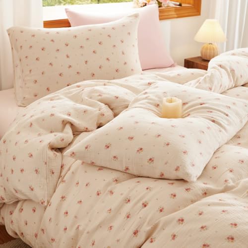 Lanqinglv Musselin Bettwäsche 200x220 Baumwolle Beige Blumen,Leinenoptik – Ansicht 3