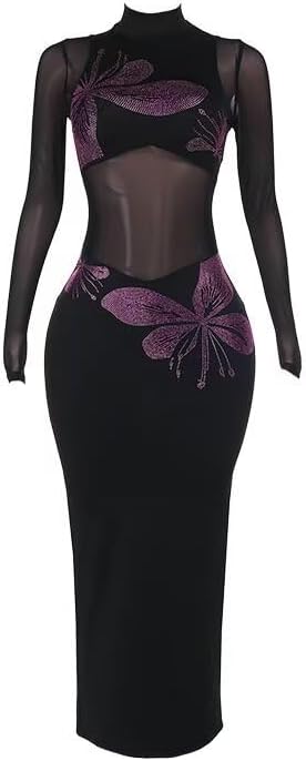 LROSEY Womens Black Mesh Sheer Bodycon Maxi Dress Sexy Rhinestone See Through Long Sleeve Mock Neck Dresses