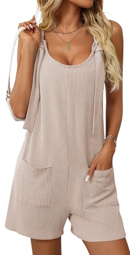 Adigau Girls' Cropped Sleeveless Short Girl Soft Casual Romper Women Fashion Baggy Rompers Womens Spring Striped Playsuit Women's Elastic Playsuits With Pockets Apricot M