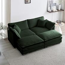 Chenille Modular Sectional Couch, 76.7 Width Oversize Loveseat Sofa, Comfy Plush Cloud Couch Lounge Chair with Ottomans and 2 Pillows for Small Spaces, Living Room, Bedroom, Office Chenille Green