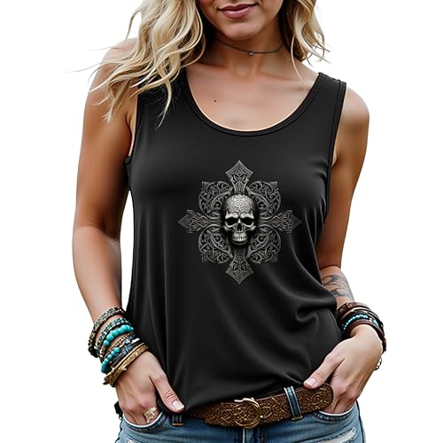 Manfnee Women's Bodybuilding Gym Tank Tops Punk Graphic Sleeveless Women Funny Skull Tank Top for Lady M