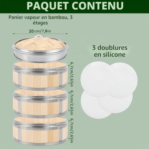 Oungy Cuiseur Vapeur Bambou avec Inox, 3 étages Panier Vapeur Bambou, Ø20 cm, Paniers Cuit-vapeur avec 3 Chiffons, Anneaux en Métal, Panier Cuisson Vapeur pour Boulettes, Poisson, Dim Sum – vue 2