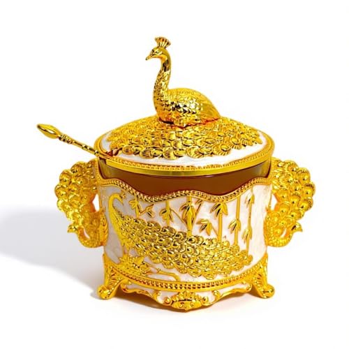 Image of Premium Decorative Peacock Design Sugar Pot | Jar with Spoon | Gold-Plated, White Enamel | Embossed Peacock Glass Container for Home Decor, Kitchen & Gifting