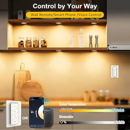 Smart Under Cabinet Lights Plug In, 6 Pack LED Puck Lights with App and Remote Control, CCT Tunable 2700K-7000K, Compatible with Alexa and Google Home, Dimmable Wired Lighting Kit for Kitchen,CRI 90+