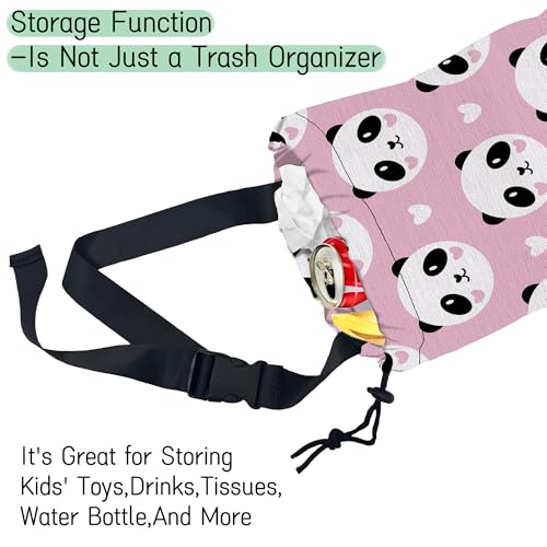 Image of Lovely Panda Car Garbage Bag,Hearts Waterproof Small Car Trash Bag Hanging Back of Seat,Drawstring Hanging Car Trash Bag with Adjustable Buckle for Car Accessories