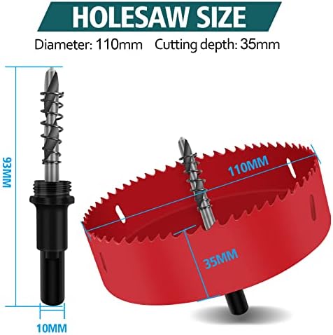 JatilEr Otwornica 110 mm, zestaw otwornic o średnicy 110 mm, wysokowydajny otwieracz do otworów, bimetalowa otwornica do drewna, aluminium, blachy żelaznej, rur, tworzywa sztucznego itp. (czerwona)