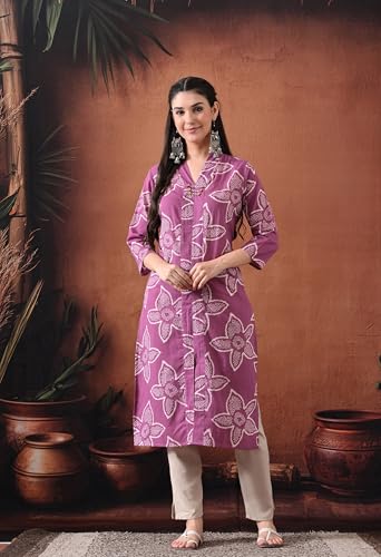 Image of Ichaa Women's Pure Cotton A-Line Ethnic V-Neck Kurta with 3 /4th Sleeve for Daily and Office Wear, in Plus Sizes