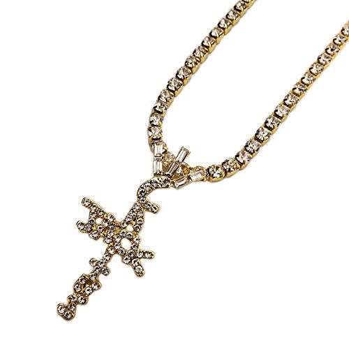 BLINGFACTORY Hip Hop Iced Crystal Cactus Jack Cross Pendant & 18  Rhinestone Chain Necklace