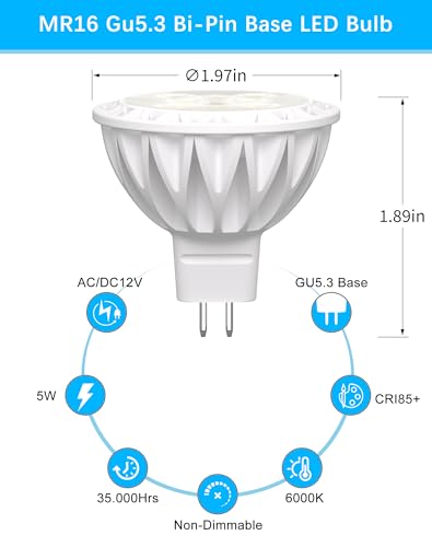 GOHDLAMP MR16 6000K Cool White LED Bulbs 6-Pack 5W Waterproof for Outdoor Security & Warehouse Lighting