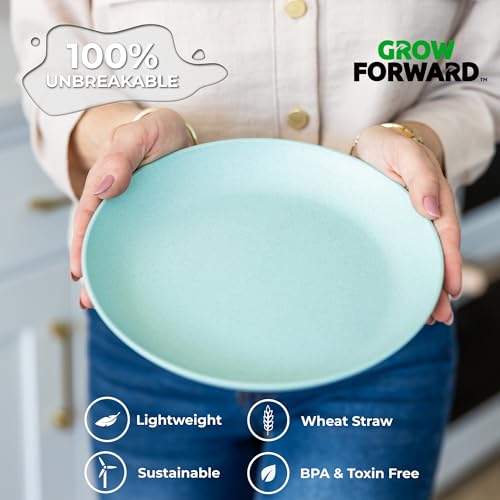 Grow Forward Premium Wheat Straw Plates - 9 Inch Reusable Hard Plastic Dinner Plates Set of 8 - Unbreakable Microwave Safe Plates for Dessert, Camping, RV, Outdoors, Patio, Kitchen Dishes - Seascape