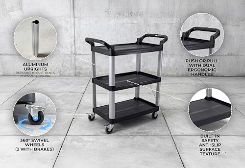 Commercial Heavy-Duty Utility Service Cart | 3 Shelf | | 450 Lbs Max Capacity | Rolling Utility Cart W 33" x H 37" x D 16" Black - Thumbnail 4