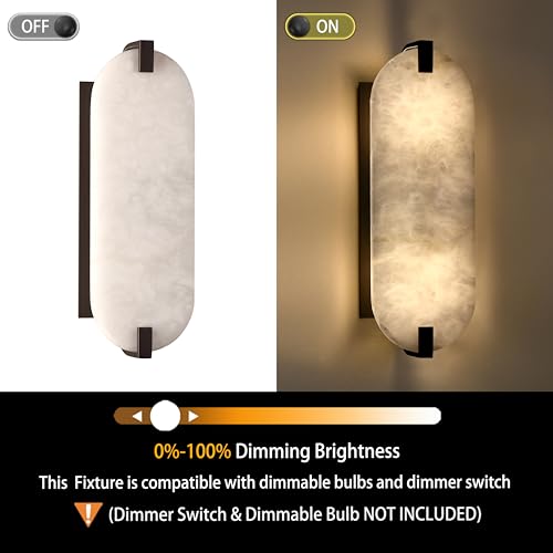 Image of 2 Light 15.63 inch Natural Oval Alabaster Marble Bathroom Wall Sconce Modern Concise Style Wall Light Fixture,Oil Rubbed Bronze Finish for Bedroom Hallway Bedside Living Room