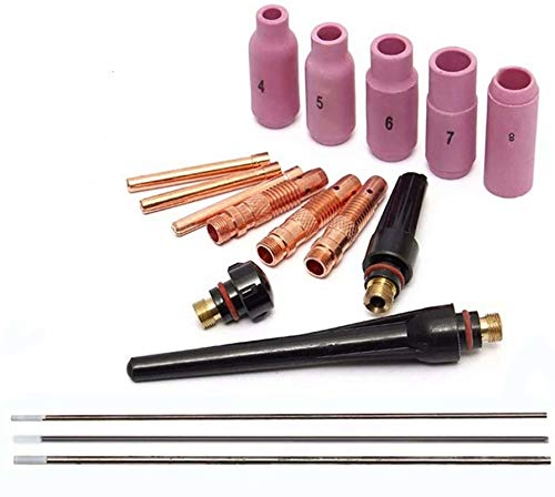 Tosense TIG Welding Welder Torch Kit Accessories Equipment Argon Arc Welding Parts Kit Gas Kits Tungsten Electrode for WP-17/18/26 TIG Welding Torch 17PCS