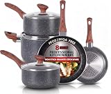 BARGAIN FACTORY Non-Stick Granite Pots and Pans 8 Pieces Set, Cookware Set, Induction Hob, Glass Lids, Wood-Look Handles, Cooking Marble Grey