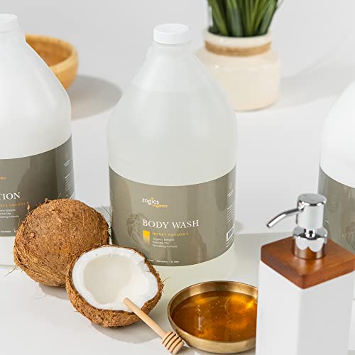 Zogics Organics Body Wash – Moisturizing Body Wash For Men And Women, Plant-Based Formula Made With Essential Oils, Great As Body Wash Refill In Facilities, Honey Coconut Scent (4 Gallons/Case) #TOP2