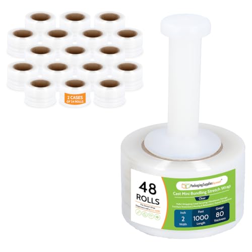 PSBM Mini Stretch Wrap with Plastic Handle, 48 Rolls 2 Inch x 1000 Feet 80 Gauge Heavy Duty Clear Plastic Wrap Industrial Strength Shrink Film for Moving, Packing & Shipping