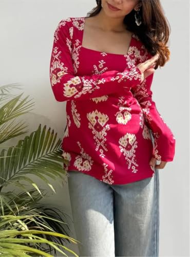 Image of Women Pure Cotton Floral Printed Short Kurti | Square Neck | Full Sleeves | Stylish Ethnic Kurta | Back Tie-Up | Casual Wear Kurta