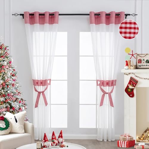 L.Z.E Christmas Sheer Curtains for Living Room White and Red Check Sheer Curtains for Bedroom Dining Room Windows Transparent Curtains & Drapes Red Checkered Pattern Curtain Nets 90 Inch Drop