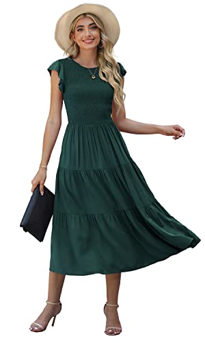 Grecerelle Women's Flutter Short Sleeve Smocked Midi Dress Summer Casual Tiered A-Line Dress Dark Green #TOP7