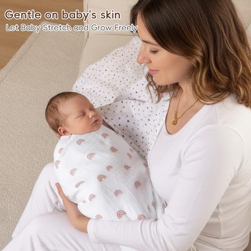 Image of david's kids 4 Pack Baby Muslin Swaddle Blankets, 100% Cotton and Ultra Soft Breathable Receiving Blanket Wrap for Boys Girls, New Born Essentials, Large 47 x 47 inches, Rainbow /Wave