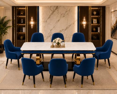 Image of 8-Seater Dining Table with Nano Composite Marble Top and PVC Golden Wooden Base |2yr Warranty - Includes 8 Fabric Upholstered Chairs