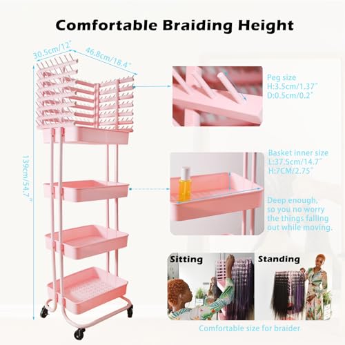 ICCTUO Braiding Hair Rack with 196 Pegs, Hair Extension Holder with 4 Tiers Storage Cart, Elegent Pink Braiding Rack Stand for Hair Braider, Sturdy Hair Rack for Salon, Home, Beauty School by ICCTUO - Image 6
