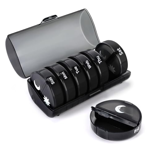 Image of Sumiko Large Weekly Pill Medicine Organizer Box 4 Times A Day | One Week Daily Tablets Container | Weekly Pill Cases Portable for Pills Vitamin Fish Oil Supplements | For Travel & Gifts (Black)