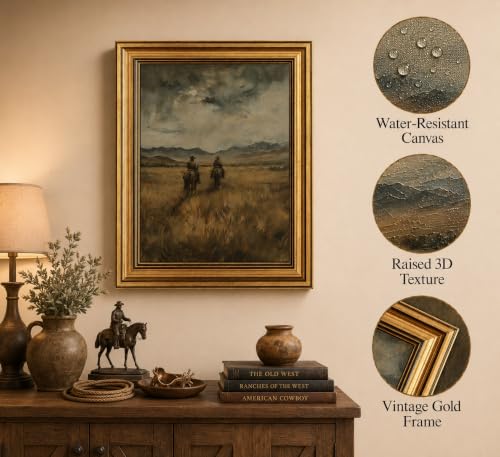 Image of Gold Framed 3D Textured Wall Art, Vintage Western Cowboy Horse Canvas Prints, Wild West Mountain Landscape Pictures Decor, Mid-Century Equestrian Gallery Artwork for Living Room Office 16x12 in