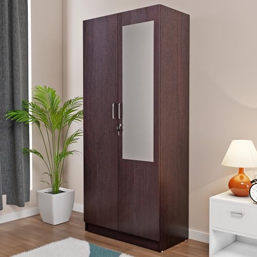 Image of VIKI Wardrobe | Batanes Wardrobe | Wooden Almirah for 2 Door Wardrobe with 2 Shelves & Hanging Space with Mirror (Dark Wenge - 40D x 80W x 180.8H) | 1 Year Warranty | Free Assembly