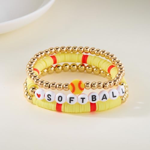 RINHOO Football Baseball Soccer Heishi Clay Beaded Bracelets Stackable Stretch Sports Theme Charm Bracelets for Women Game Day Jewelry Gifts (softball) — view 3