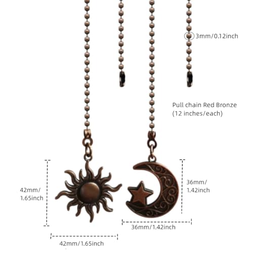 Image of Pull Chain,Ceiling Fan Pull Chain 4Pcs,12 Inches Lighting Fan Beaded Ball Fan Pull Chain Extender Ornament with Connector -Moon and Sun (Red Bronze)