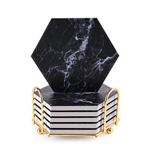 Black Coasters,Coaster for Drinks, Absorbent Marble Coasters with Metal holder for Various Cups, Tables and Home Decor